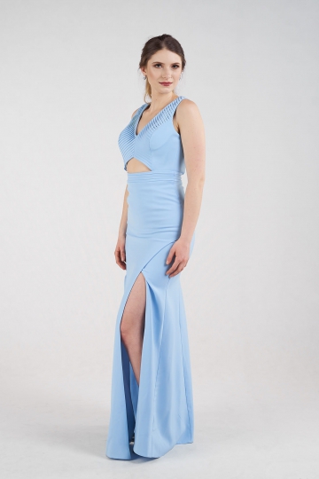 Sukienka długa dopasowana z rozcięciami niebieska
